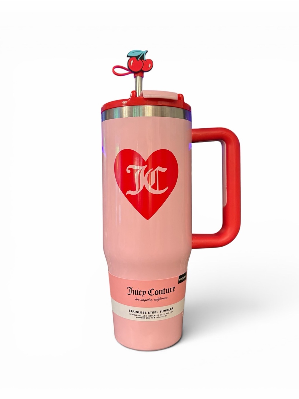 Juicy Couture Pink and Red Stainless Steel Tumbler with Cherry Straw